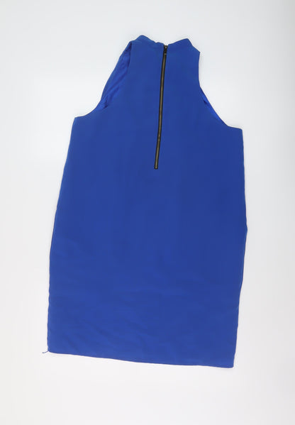 Back view of Sfera women’s blue polyester a-line, size L, mock neck zip