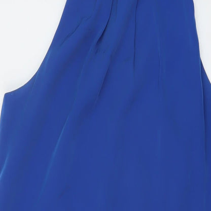 Close-up detail of Sfera women’s blue polyester a-line, size L, mock neck zip