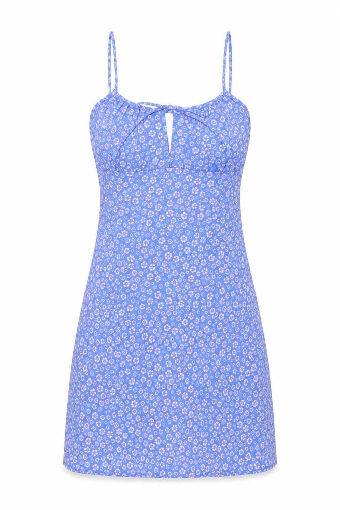 Monki Womens Blue Floral Polyester Mini Size 8 Round Neck