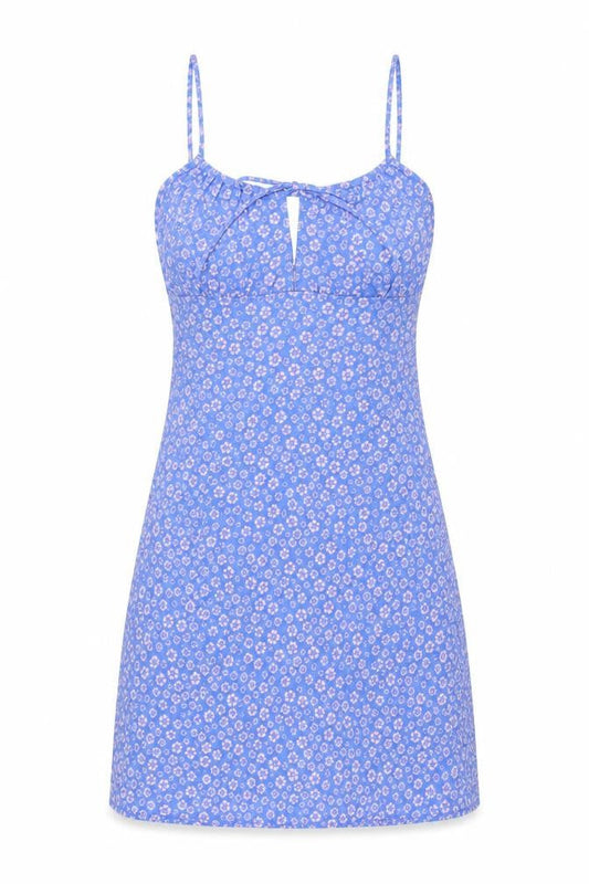 Monki Womens Blue Floral Polyester Mini Size 8 Round Neck
