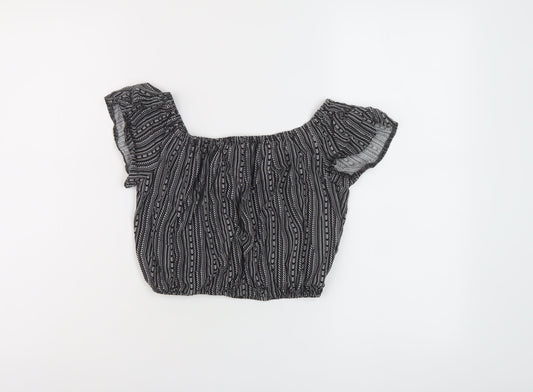 New Look Girls Black Geometric Viscose Cropped Blouse Size 13 Years Square Neck Pullover