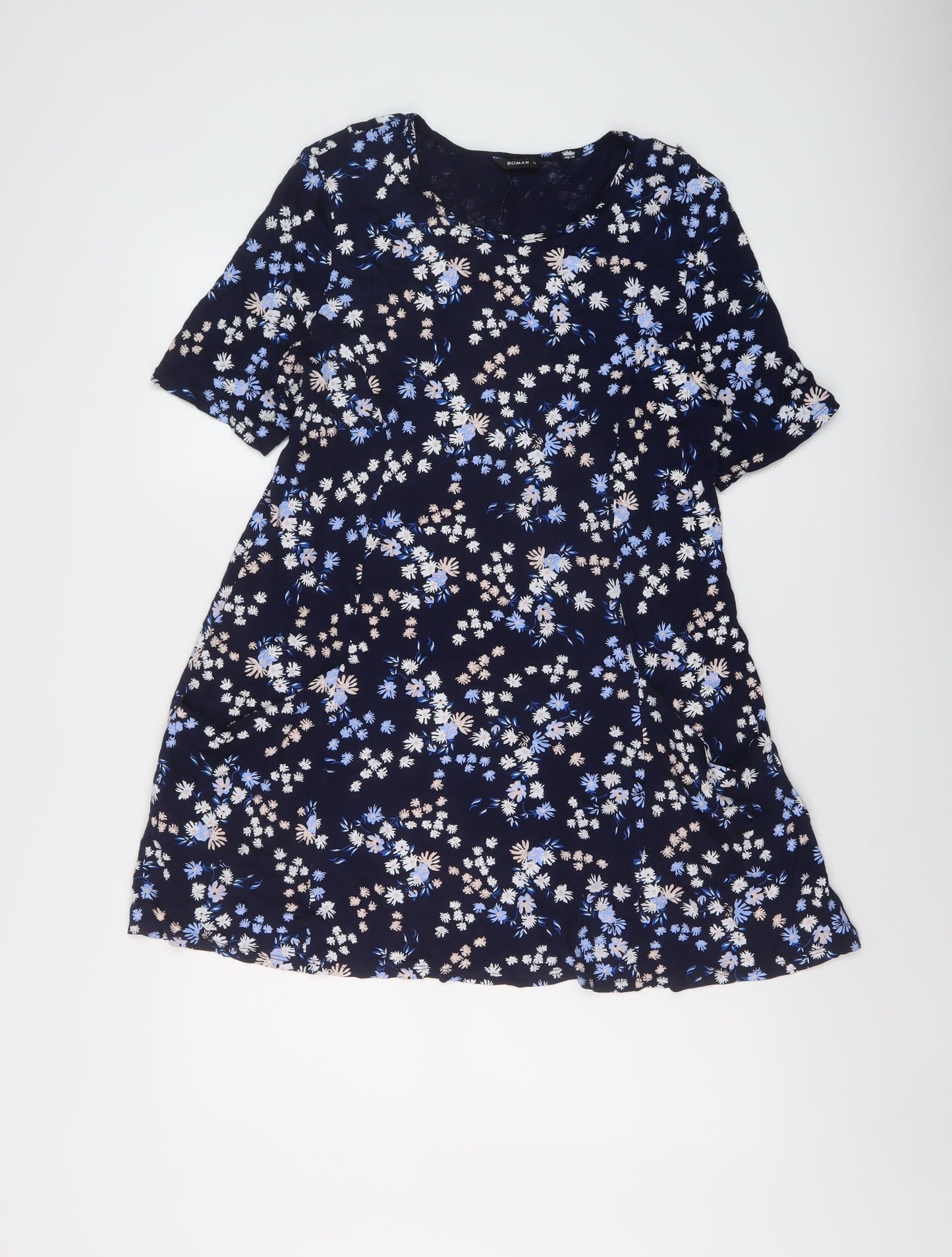 Roman Womens Blue Floral Viscose A-Line Size 14 Round Neck Pullover
