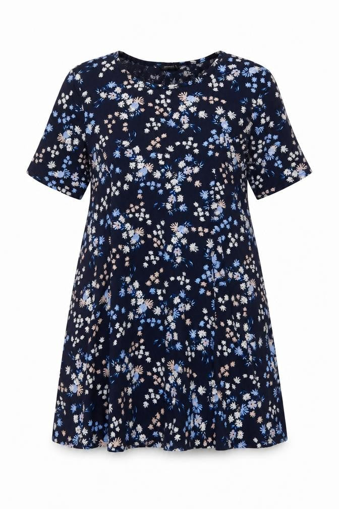 Roman Womens Blue Floral Viscose A-Line Size 14 Round Neck Pullover