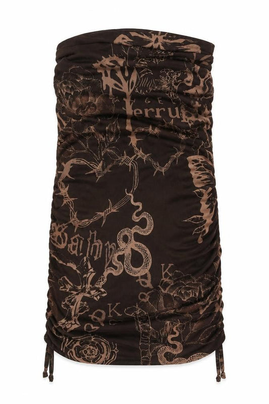PRETTYLITTLETHING Womens Brown Geometric Polyester Bodycon Size 16 Square Neck Pullover - Drawstring Detail Rouched