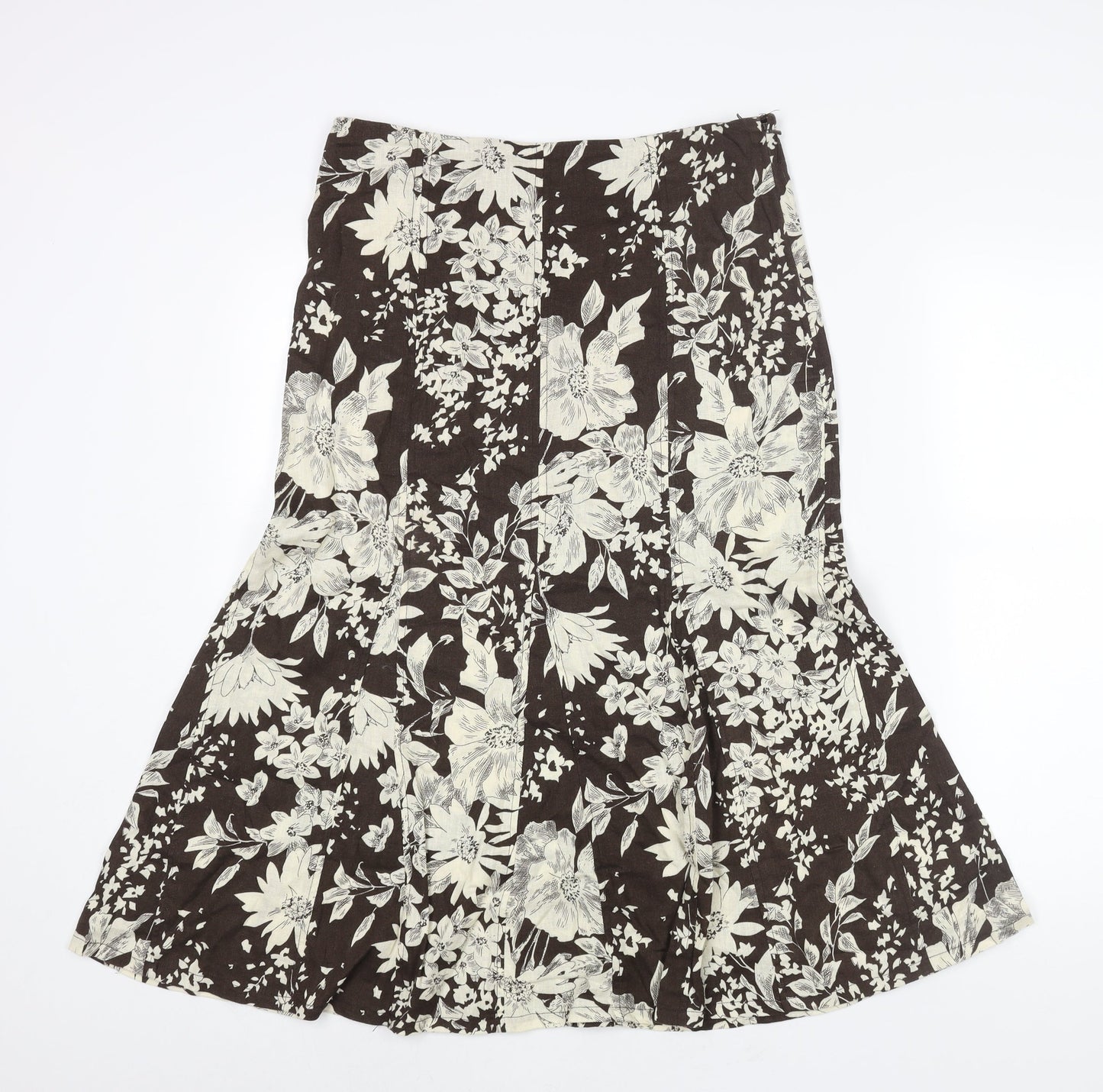R.Q.T Womens Brown Floral Linen Trumpet Skirt Size 10 Zip