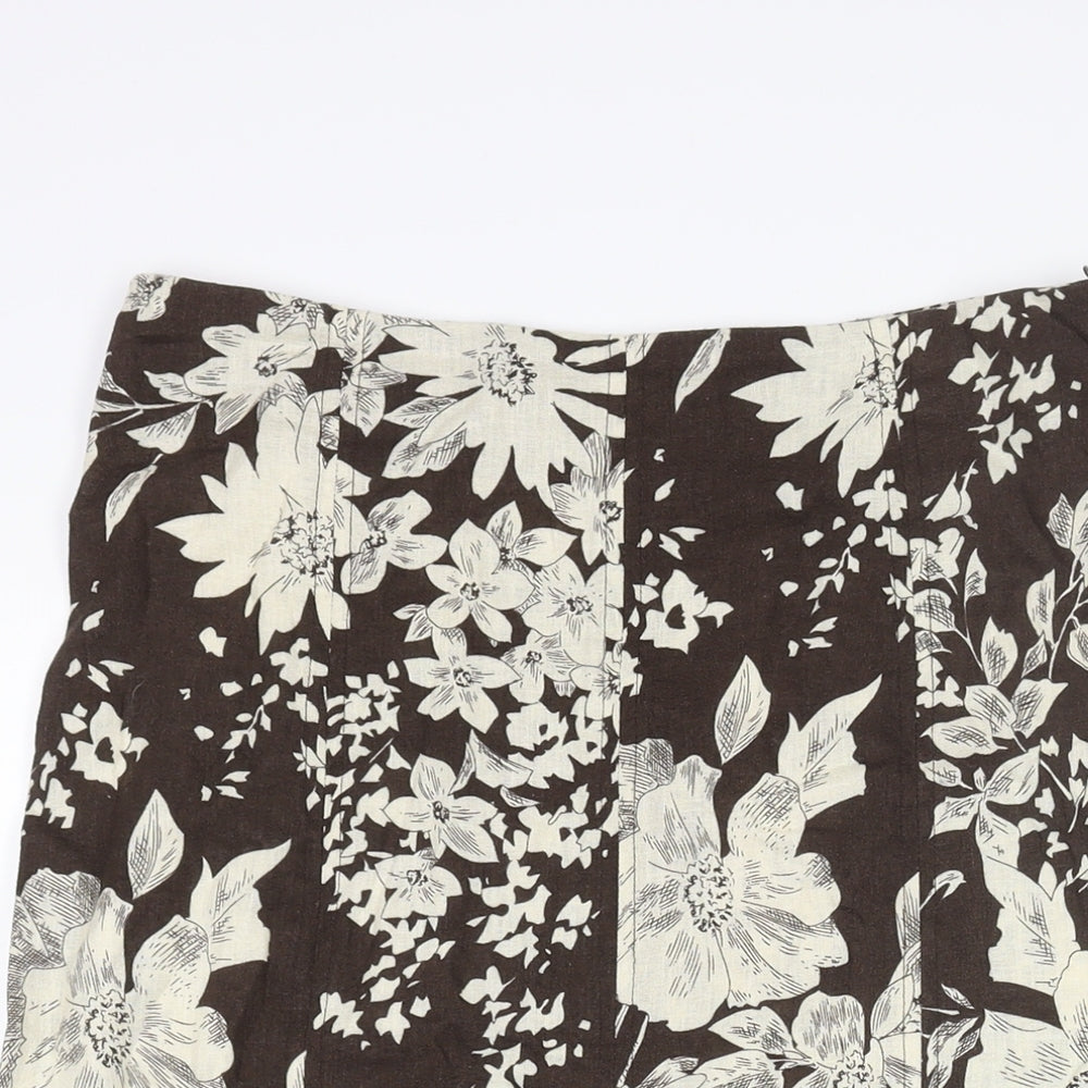 R.Q.T Womens Brown Floral Linen Trumpet Skirt Size 10 Zip