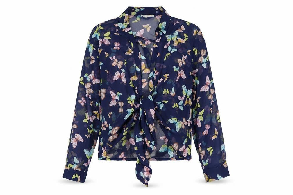 Timing Womens Blue Geometric Polyester Basic Blouse Size S Collared - Semi Sheer Butterfly Print