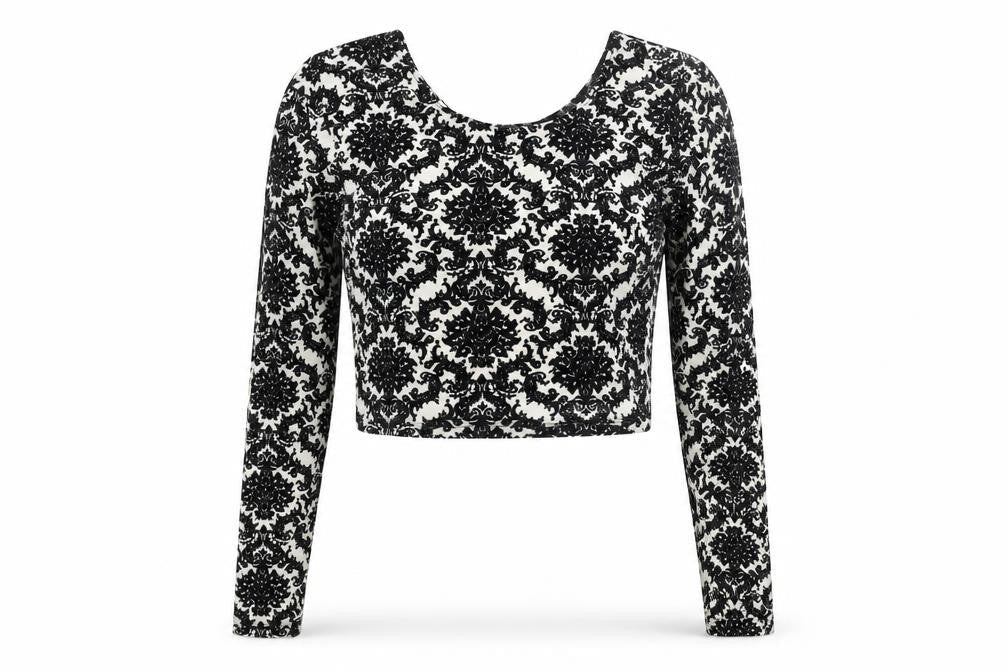 Glamorous Womens Black Geometric Polyester Cropped Blouse Size M Round Neck