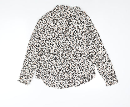 Oasis Womens White Animal Print Viscose Basic Button-Up Size 12 Collared - Leopard Print