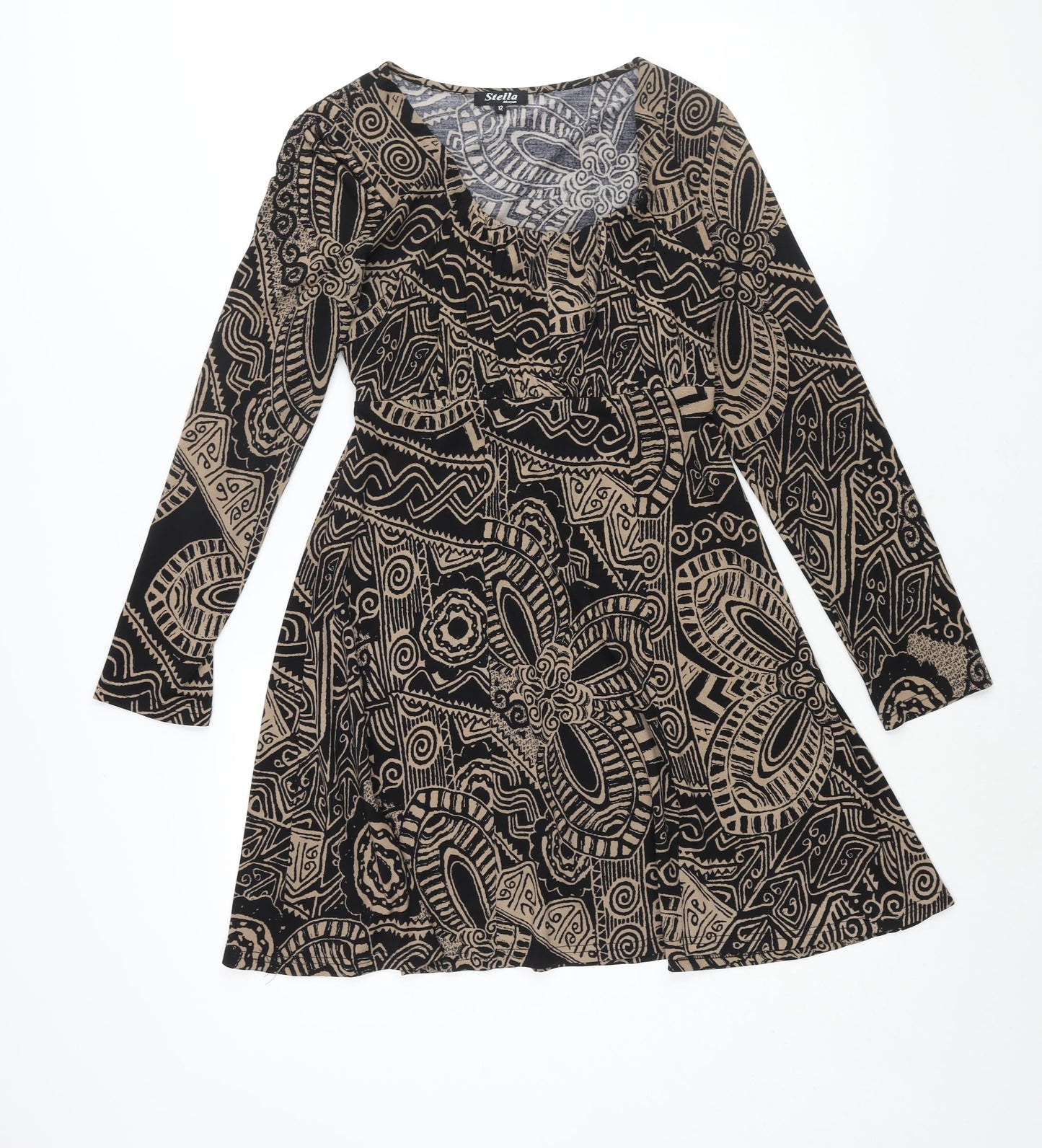 Stella Morgan Womens Brown Geometric Polyester A-Line Size 12 Round Neck Pullover - Belted