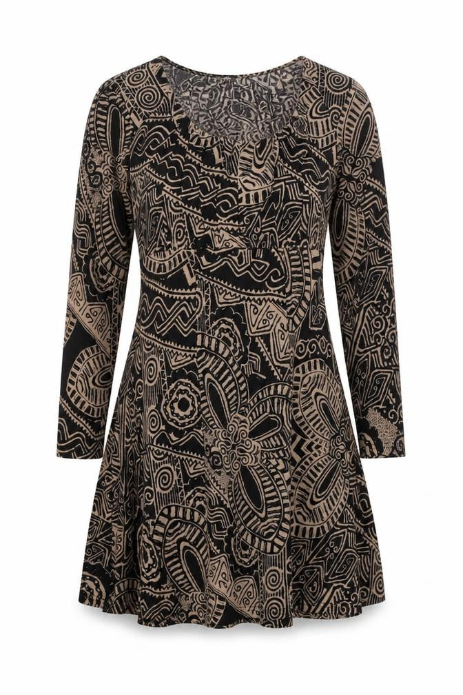 Stella Morgan Womens Brown Geometric Polyester A-Line Size 12 Round Neck Pullover - Belted