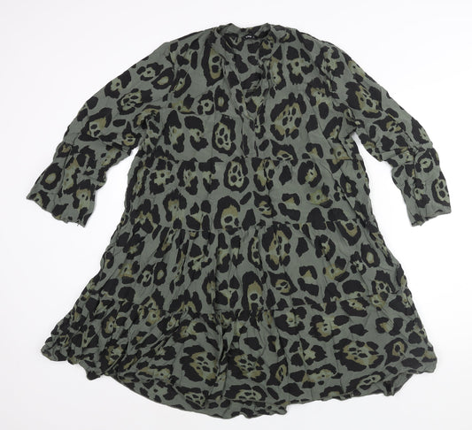 Roman Womens Green Animal Print Viscose Shift Size M V-Neck Pullover - Smocked Jaguar Print