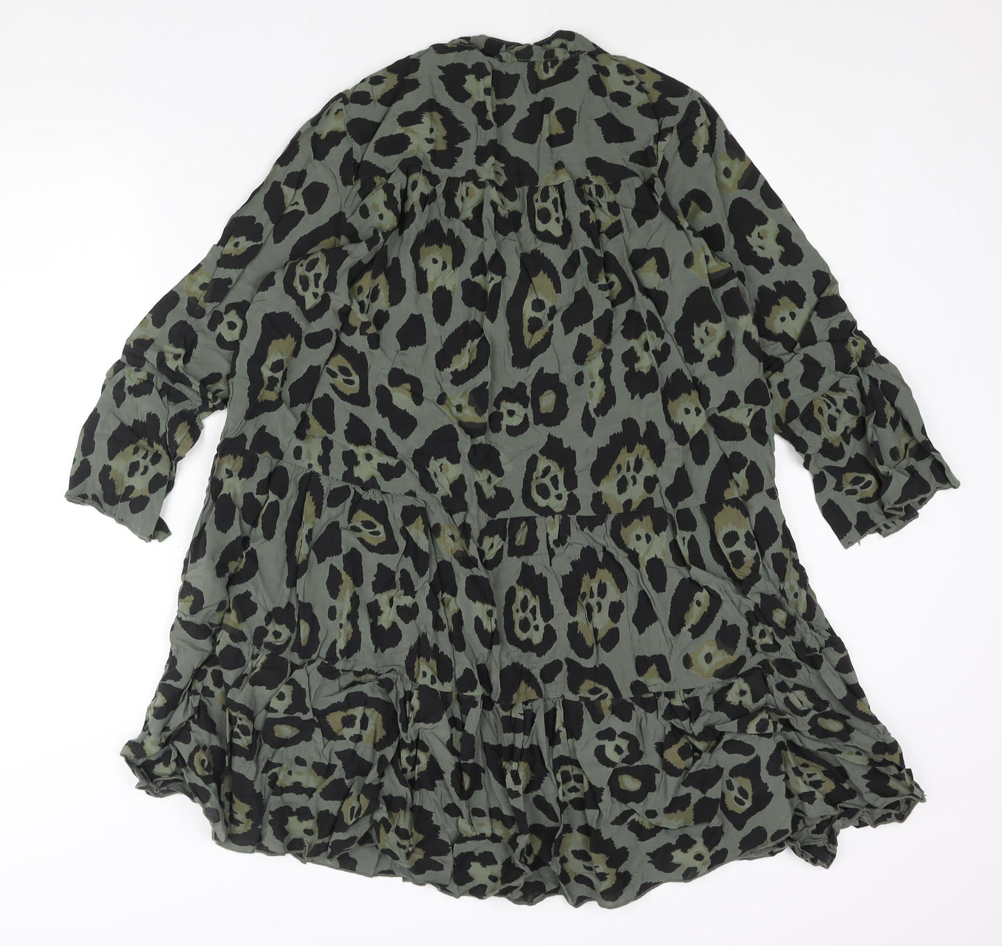 Roman Womens Green Animal Print Viscose Shift Size M V-Neck Pullover - Smocked Jaguar Print