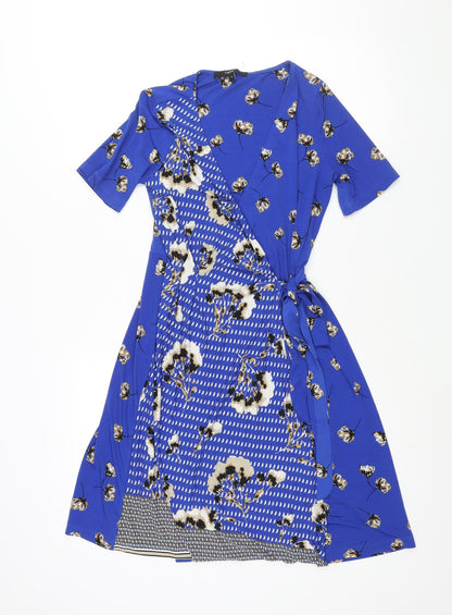 Next Womens Blue Geometric Polyester Wrap Dress Size 6 V-Neck Button