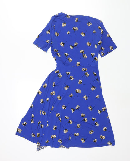 Next Womens Blue Geometric Polyester Wrap Dress Size 6 V-Neck Button