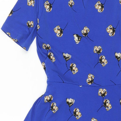 Next Womens Blue Geometric Polyester Wrap Dress Size 6 V-Neck Button