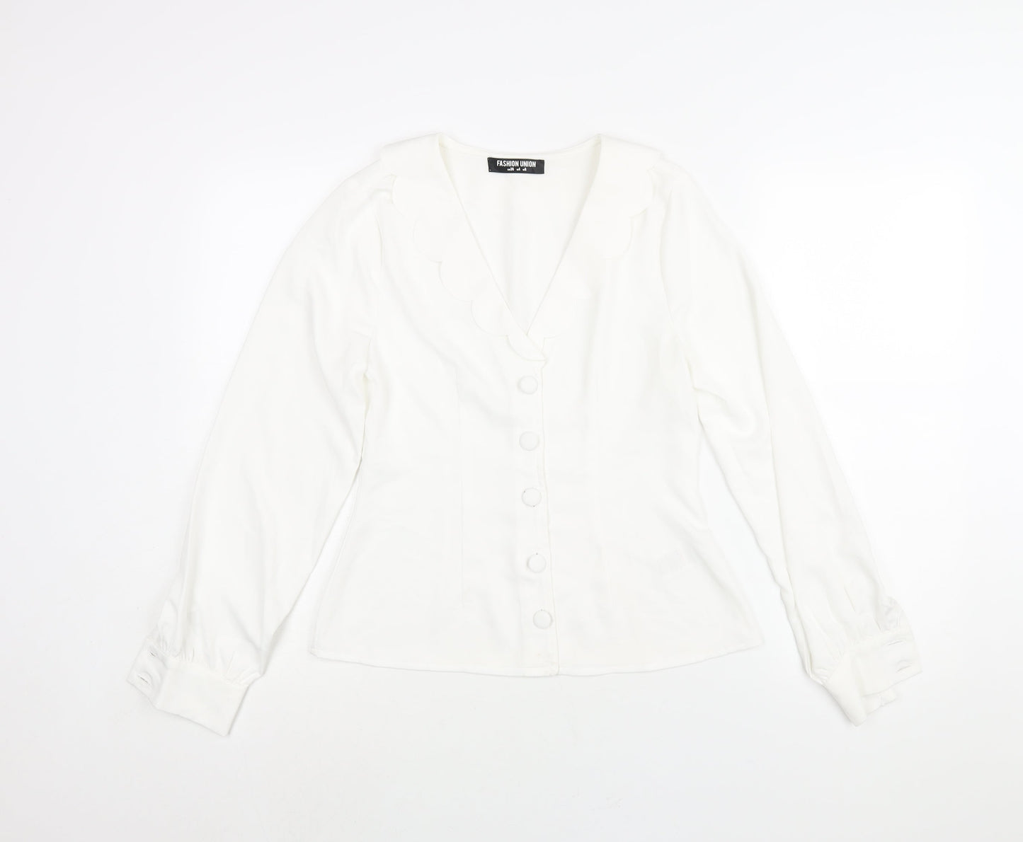 Fashion Union Womens White Polyester Basic Button-Up Size 8 V-Neck - Frill
