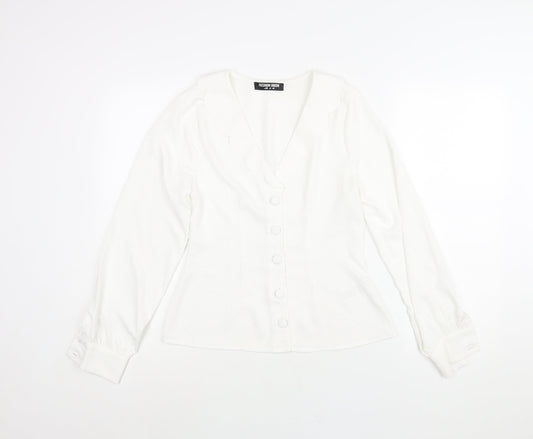 Fashion Union Womens White Polyester Basic Button-Up Size 8 V-Neck - Frill