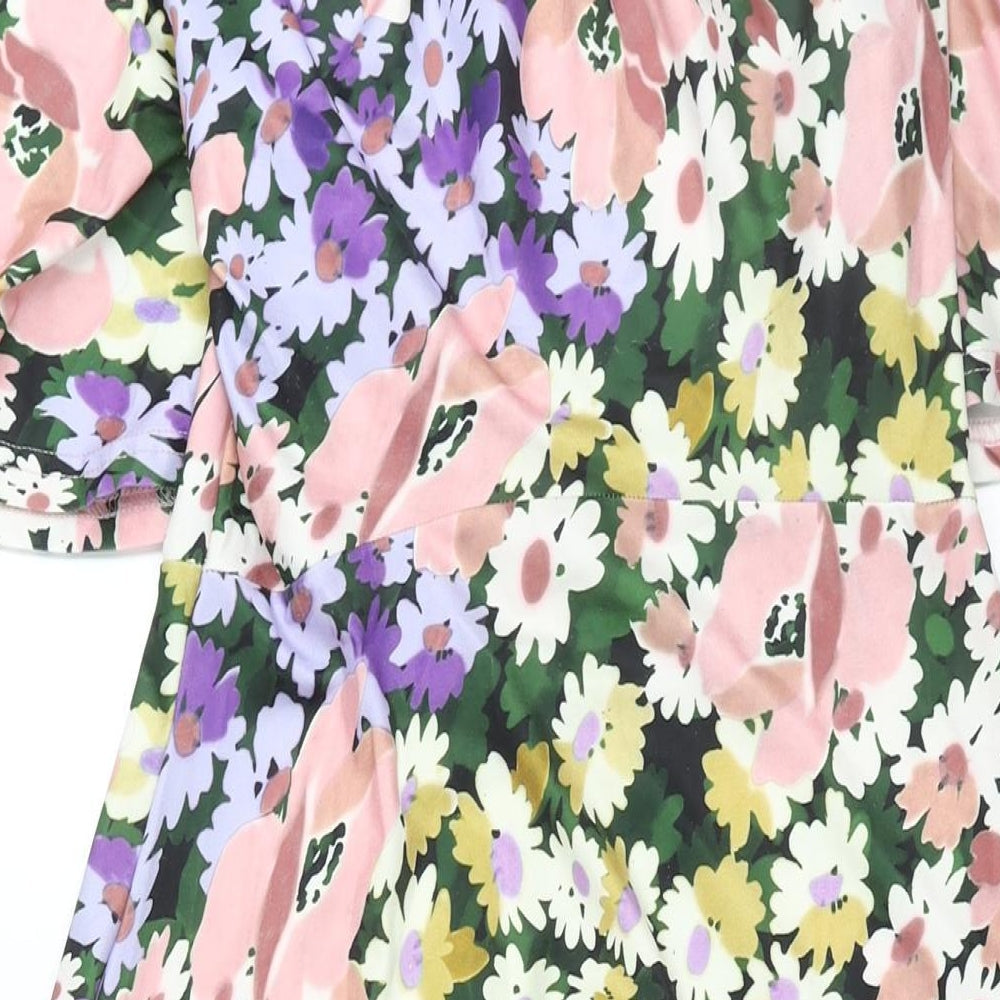 Oasis Womens Multicoloured Floral Polyester A-Line Size S Round Neck Button