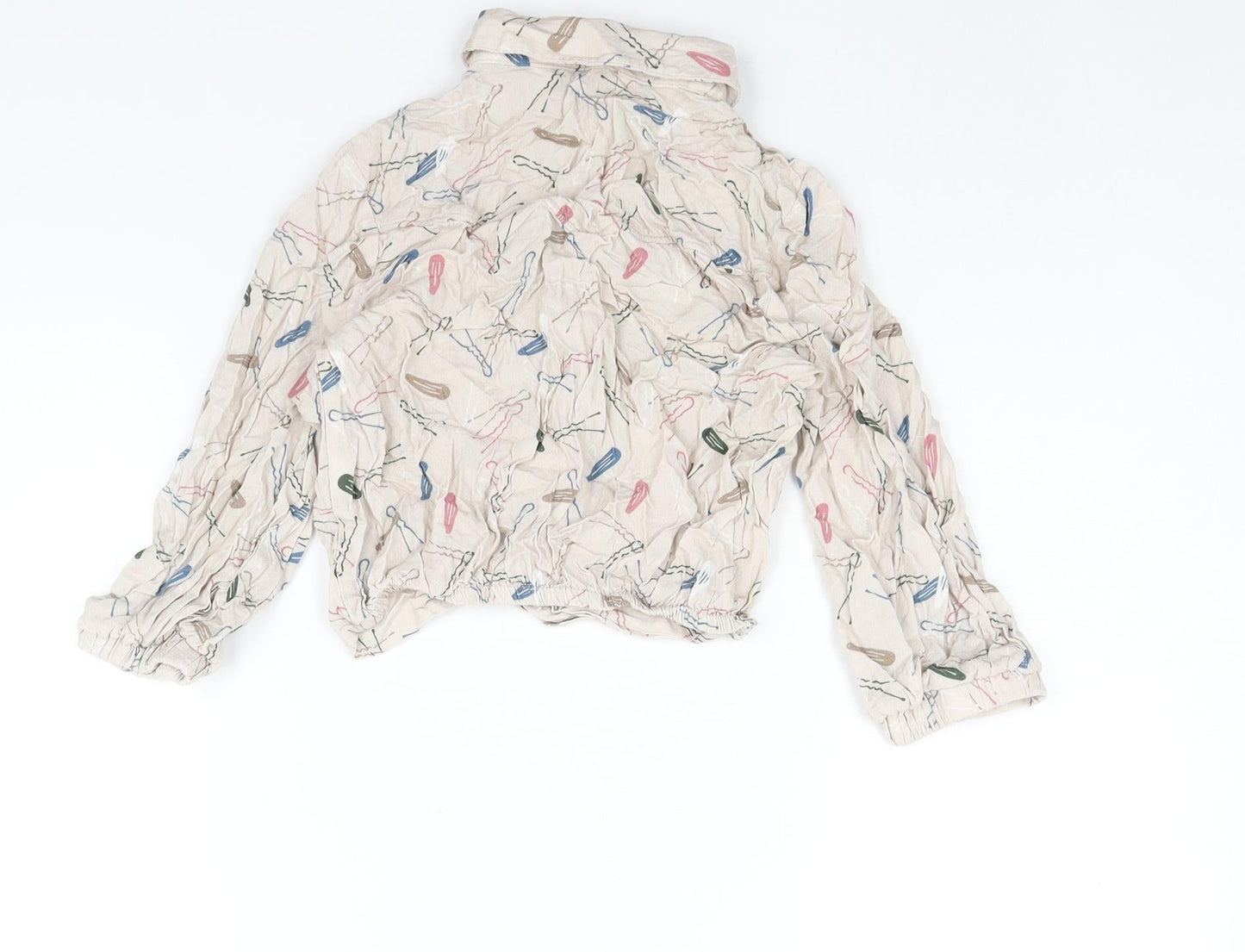 Zara Womens Beige Geometric Viscose Cropped Blouse Size S Collared - Twist Detail