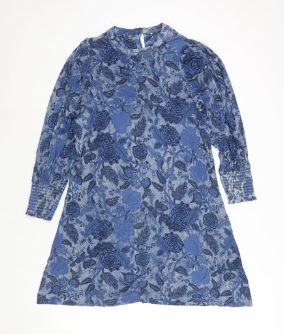 Next Womens Blue Floral Viscose Shift Size 12 Mock Neck Button