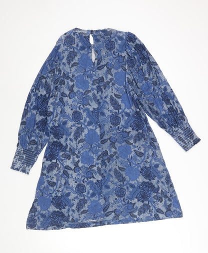 Next Womens Blue Floral Viscose Shift Size 12 Mock Neck Button