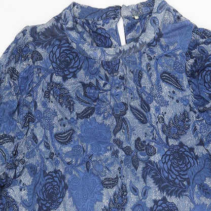 Next Womens Blue Floral Viscose Shift Size 12 Mock Neck Button