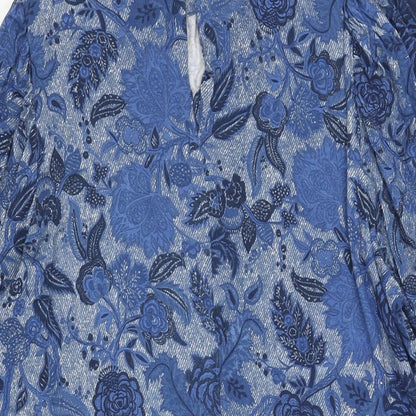 Next Womens Blue Floral Viscose Shift Size 12 Mock Neck Button