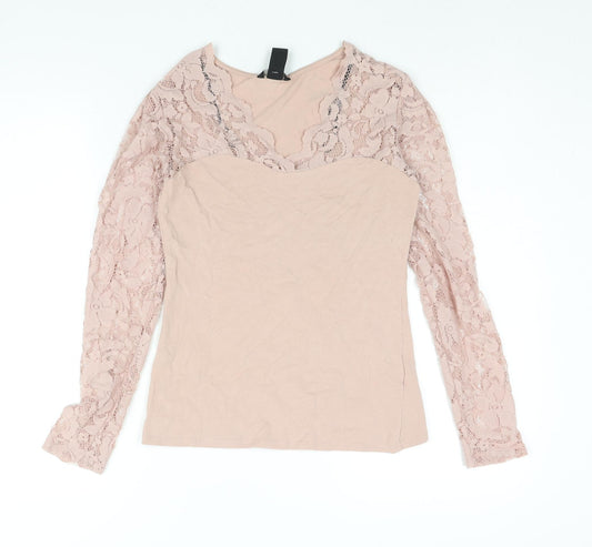 H&M Womens Pink Cotton Basic Blouse Size S V-Neck - Lace