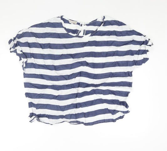 Bella Umbra Womens Blue Striped Linen Basic Blouse Size L Round Neck