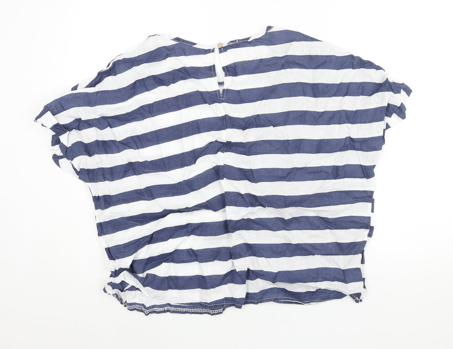 Bella Umbra Womens Blue Striped Linen Basic Blouse Size L Round Neck