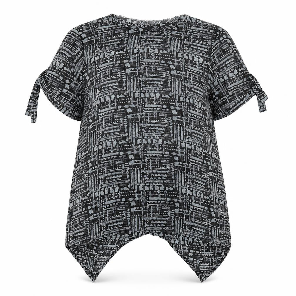 Label Lab Womens Grey Geometric Polyester Basic Blouse Size 14 Round Neck - Hi-Low Hem Buckle Detail