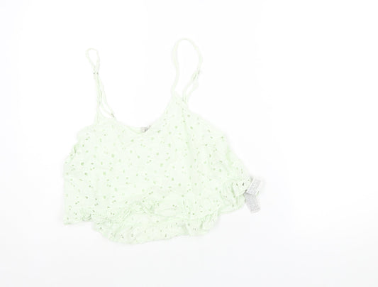 Zara Womens Green Cotton Cropped Blouse Size M Scoop Neck - Frill