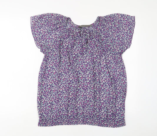 Zara Womens Purple Floral Polyester Basic T-Shirt Size L Collared - Keyhole neck