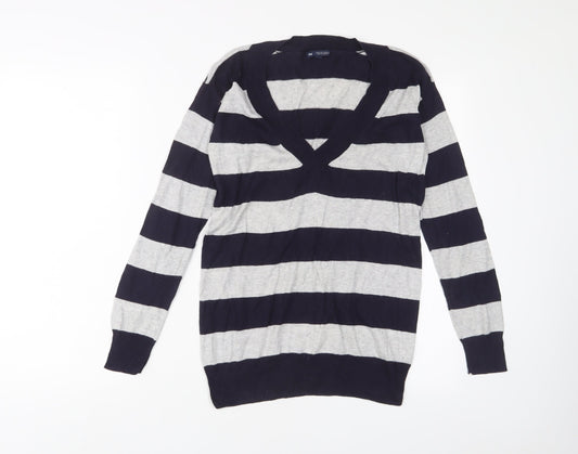 Gap Womens Blue V-Neck Striped Cotton Pullover Jumper Size XS