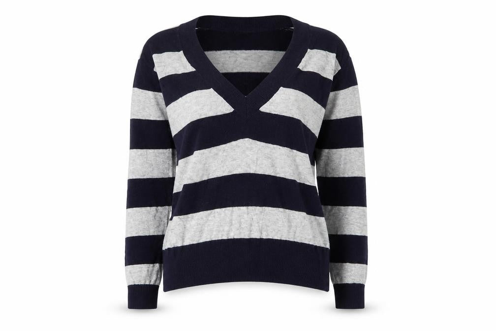 Gap Womens Blue V-Neck Striped Cotton Pullover Jumper Size XS