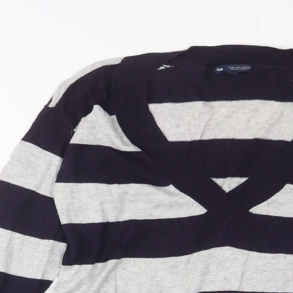 Gap Womens Blue V-Neck Striped Cotton Pullover Jumper Size XS