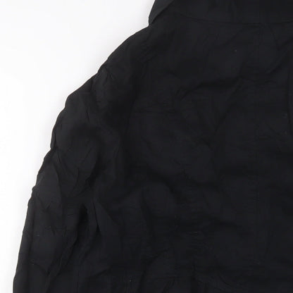 Brand and care label for Dorothy Perkins women’s black biker jacket, size UK 16, button