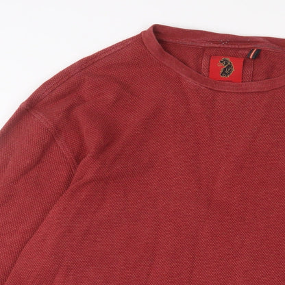 Close-up detail of Luke men’s red cotton pullover sweatshirt, size L, - logo, embroidered