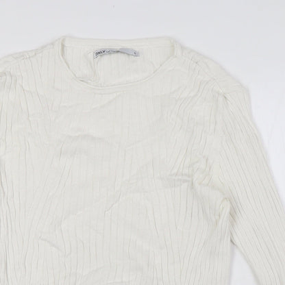 Close-up detail of Only women’s yellow viscose basic blouse, size M, round neck - ribbed