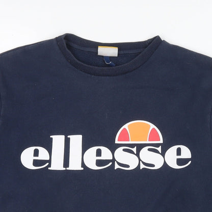 Close-up detail of Ellesse women’s blue cotton pullover sweatshirt, size UK 8, pullover - logo