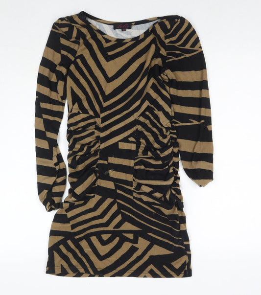 Lila Womens Brown Striped Polyester Jumper Dress Size 10 Round Neck Pullover