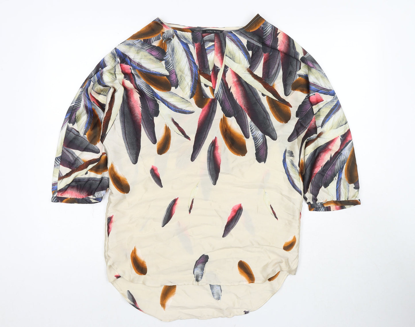 Zara Womens Multicoloured Polyester Tunic Blouse Size XS V-Neck - Feathers