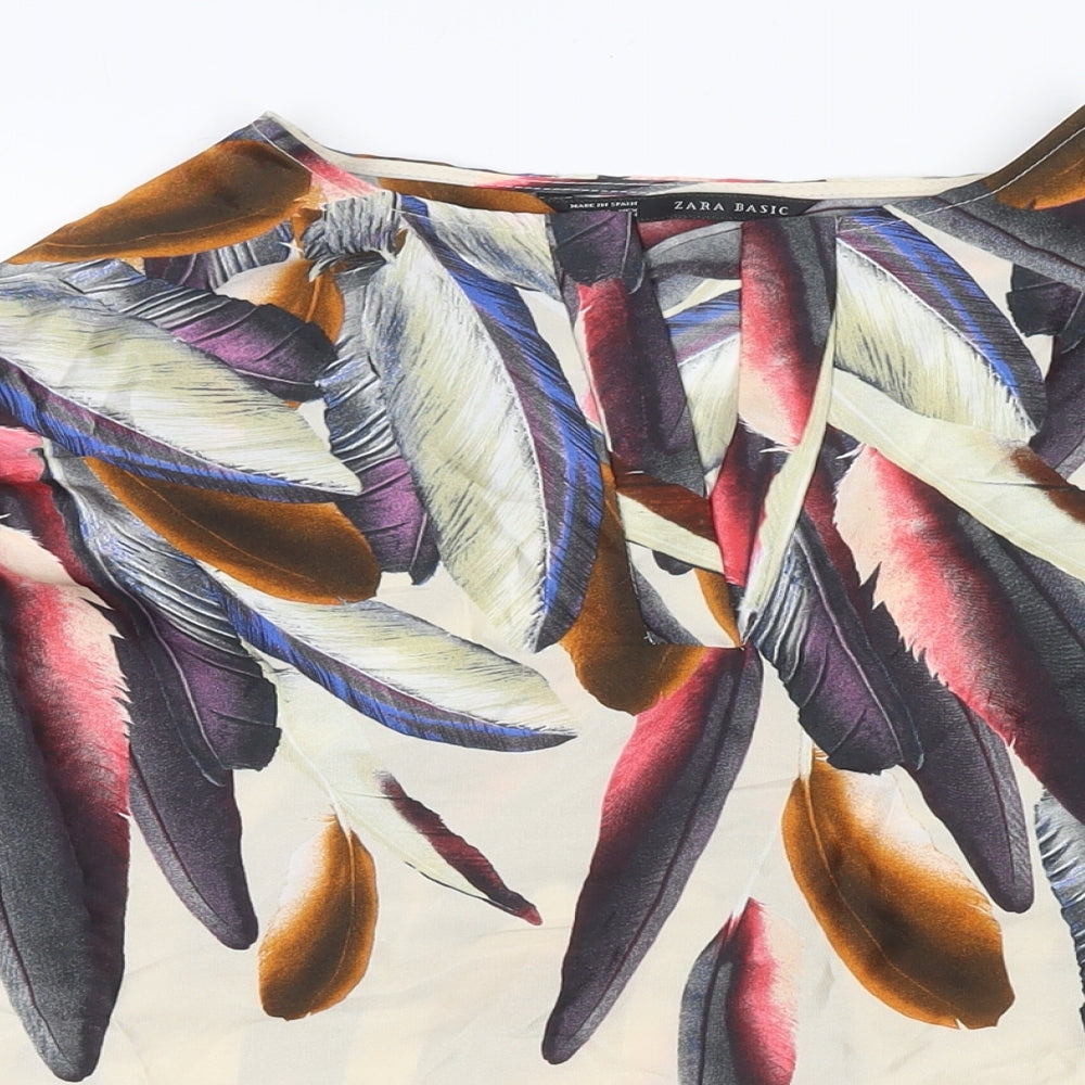 Zara Womens Multicoloured Polyester Tunic Blouse Size XS V-Neck - Feathers