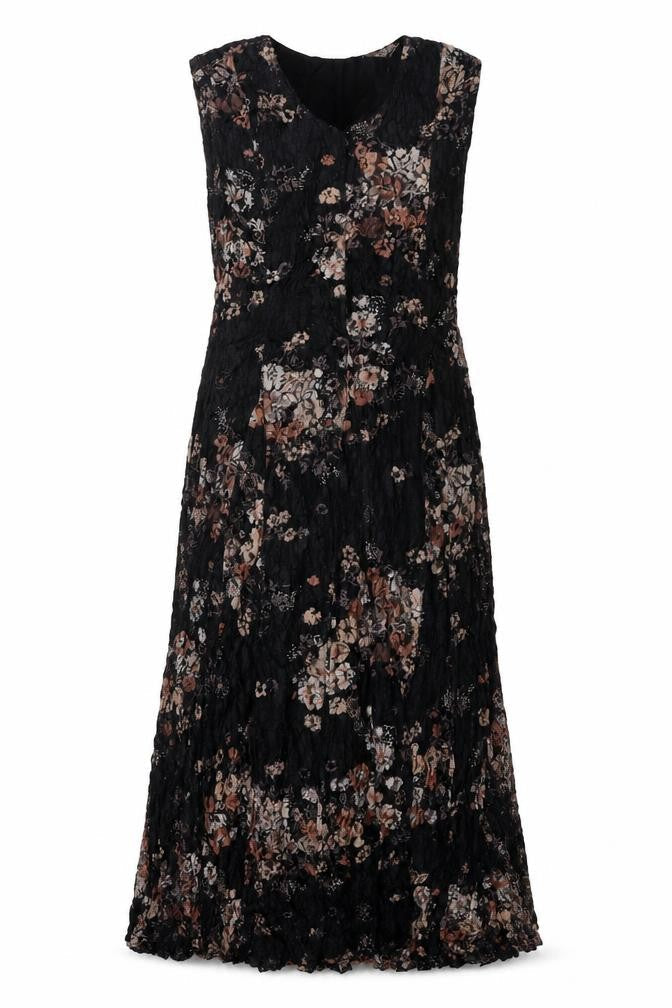 Classic Womens Black Floral Polyester Maxi Size L V-Neck Pullover