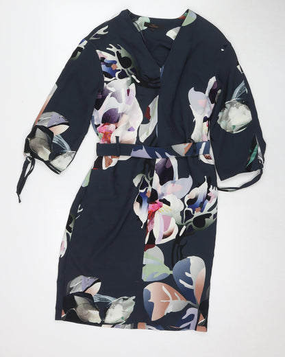 Next Womens Blue Floral Polyester A-Line Size 6 V-Neck Pullover