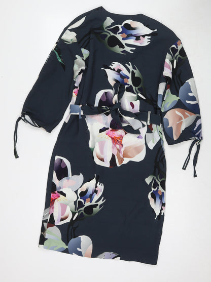 Next Womens Blue Floral Polyester A-Line Size 6 V-Neck Pullover