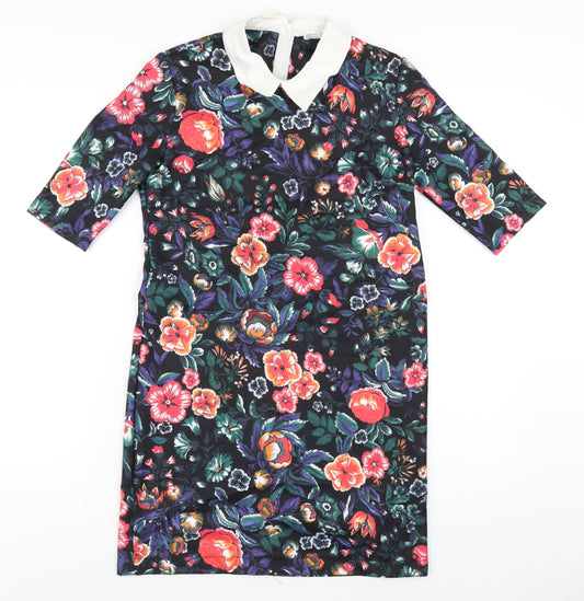 Zara Womens Multicoloured Floral Cotton A-Line Size S Collared Zip