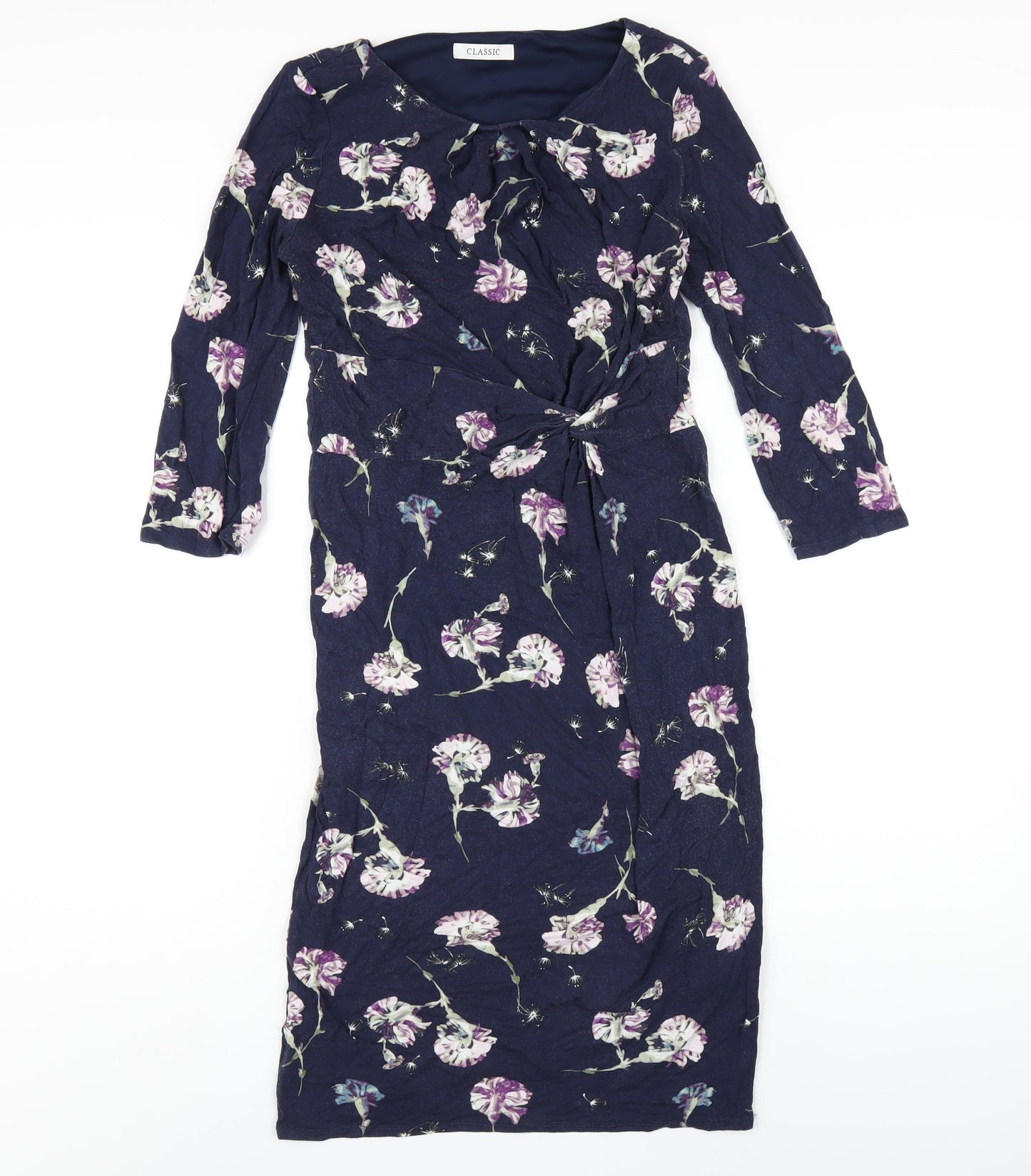 Classic Womens Blue Floral Viscose Bodycon Size 10 Round Neck Pullover