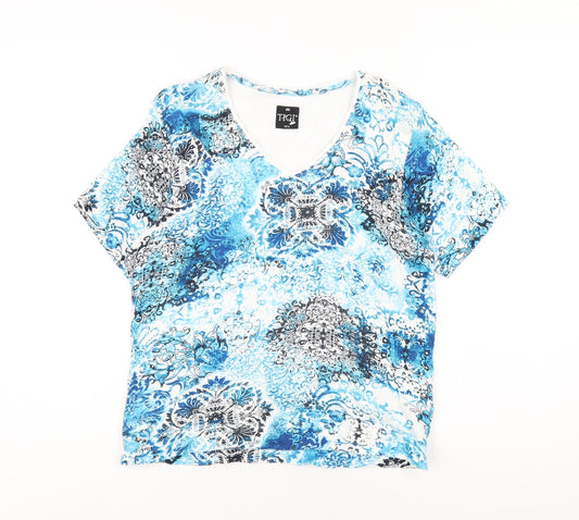 TIGI Womens Blue Geometric Cotton Basic T-Shirt Size 10 V-Neck